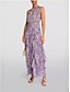 voordelige Bruiloftsgastjurken-Bruiloft Gast Jurken A-Lijn Crew Neck Mouwloos Maxi Lengte Chiffon Bloemenprint Bruidsjurken Met Ruffles