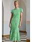 cheap Cocktail Dresses-Yellow Blue Column Cocktail Elegant Embroidered Dress Formal Wedding Ankle Length Short Sleeve Stand Collar Lace with Slit