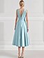 tanie Sukienki koktajlowe-Suknia Koktajlowa A-Line Elegancka Sukienka Formalna Gościa Ślubu Długość Kostki Bez Rękawów V Neck Satyna z Kieszenią Kwiat Ramienia