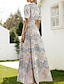 voordelige BLOEMEN-Jacquard Brocade Bloem Blauw A-Lijn Avondjurk Elegante Jurk Formele Bruiloft Vloerlengte Korte Mouwen Shirt Kraag Nylon met Split Pocket Bruiloft Gast Jurk