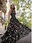 billige Ballkjoler-A-linje Quinceanera Kjoler Elegant Kjole Bryllup Bryllupsgjester Gulvlengde Uten ermer V-hals Polyester Ryggløs med Blomstertrykk Folder