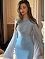 abordables BLEU-Robe de fête en A robe élégante formelle de mariage longueur au sol manches longues col ras du cou satin avec broderie