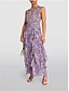 voordelige Bruiloftsgastjurken-Bruiloft Gast Jurken A-Lijn Crew Neck Mouwloos Maxi Lengte Chiffon Bloemenprint Bruidsjurken Met Ruffles