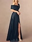 economico Vestiti da sera-Abito da sera A-Line elegante vestito formale per festa serale lunghezza pavimento manica corta scollo a V in satin con spacco