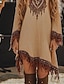 abordables Vestidos boho-Mujer Vestido Midi Vestido bohemio Vestido Estampado Vestido occidental Moda Moderno Exterior Festivos Ajuste regular Flor Manga Larga Escote en Pico Caqui Verano