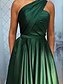 billige GRØNN-A-Linje Quinceañera Kjoler Elegant Kjole Bryllup Bryllupsgjester Gulvlengde Ermeløs En Skulder Chiffon Sateng Bakløs med Falsker