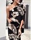 abordables Robes fleuries-Femmes Robe maxi Robe à épaules dénudées Vacances Occasionnel Boho Extérieur Plage Coupe Ample Graphique Feuille Manche 3/4 Une Épaule Noir Blanche Bleu Kaki Été