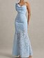 billige BLÅ-Brændt Ud Blomst Blonde Blå Mermaid  Trumpet Aftenkjole Berømtheds Stil Kjole Semi Formal Bryllupsgæst Kjole Gulvlængde Uden Ærmer Sweetheart Hals med Sløjfe(r)