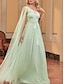 abordables Robes de demoiselle d&#039;honneur-Robes de mariage vertes A-Line avec appliques en dentelle à une épaule sans manches longueur de sol en chiffon robes de mariée avec détails froncés