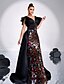 abordables NEGRO-Vestidos de noche A-Line vestido elegante boda formal cola barrida sin mangas escote en V de lentejuelas florales con volantes