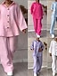 baratos Conjuntos-Mulheres Ativo Roupa de rua Camisas de algodão e linho Blusa Conjuntos de calças Manga Longa Colarinho de Camisa Côr Sólida Dubbele Rij Knopen Ao ar livre Final de semana Preto Branco Rosa Verão