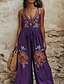 preiswerte Hose aus Baumwollleinen mit Grafik-Damen Normal Overall Streetwear Blumen Ärmellos V Ausschnitt Druck Straße Täglich Normale Passform Purpur Sommer