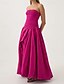 baratos Vestidos de Noite-Vestido de Noite A-Line Rosa Choque Vestido Bubble Formal Semi Formal Casamento Comprimento do Chão Sem Mangas Sem Alças Tafetá com Fenda Franzida