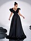 abordables NEGRO-Vestidos de noche A-Line vestido elegante boda formal cola barrida sin mangas escote en V de lentejuelas florales con volantes