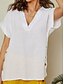 abordables Chemises-Chemisier en coton et lin pour femme, couleur unie, élégant, décontracté, manches courtes, col en V, régulier, quotidien, vacances, boutons, noir, blanc, marron, été