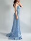 abordables AZUL-Vestido de Noche Sirena/Trumpet Azulado Brillante Vestido Elegante Formal Boda Largo hasta el Suelo Sin Mangas Corazón Encaje con Pliegues Abertura Arrugada