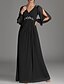 economico Lunghezza del pavimento-Abito a-line per madre della sposa elegante per invitata a matrimonio scollo a V a lunghezza totale in chiffon maniche lunghe con applicazioni di perline e arricciature