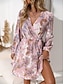 abordables Robes fleuries décontractées-Femmes Mini Robe Robe Élégante Élégant Occasionnel Manches Bouffantes Coupe ajustée Graphique Manche 3/4 Col en V Rose Claire Été Automne