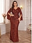 economico VERDE-Abiti Plus Size Sirena  Tromba Elegante Abito Curvilineo Formale Matrimonio Lunghezza Piena a Manica Lunga con Scollatura a V in Paillettes con Paillettes