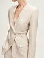 cheap Mom&#039;s Pant Suits-Collarless Blazer Two Piece Pantsuit Pantsuit Linen Blended Mother of the Bride Pantsuit Elegant Simple Minimalist V Neck Floor Length Long Sleeve with Solid Color