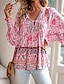 cheap Boho Tops-Women&#039;s Shirt Boho Shirt Summer Tops Flower Daily Stylish Casual Long Sleeve V Neck Regular Tops Work Daily Holiday Print Pink Navy Blue Blue Spring Fall