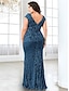 billiga Semi-formell / Cocktail-Havfrue  trumpet plus size klänningar elegant kurvig klänning formell bröllop golvlängd kort ärm V-hals spets utan rygg med paljetter