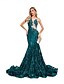 preiswerte GRÜN-Mermaid  Trompeten Abendkleid Elegantes Kleid Abendparty Prom Hofschleppe Kurzarm Rundhalsausschnitt Pailletten mit Paillettenapplikationen