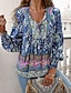 cheap Boho Tops-Women&#039;s Shirt Boho Shirt Summer Tops Flower Daily Stylish Casual Long Sleeve V Neck Regular Tops Work Daily Holiday Print Pink Navy Blue Blue Spring Fall