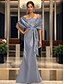 preiswerte Meerjungfrau Abendkleider-Schwarzes Meerjungfrau  Trompeten Abendkleid Elegantes Kleid Formal Hochzeit Bodenlänge Kurzarm Spaghetti-Träger Gürtel Satin mit Rüschen Schultertuch