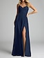 billige Brudepikekjoler-A-Linje Servitørkjole V Utringning  Spagettistropper Uten Ermer Elegant Gulvlengde Chiffon Med Folder  Splitt Front  Rynker
