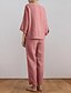 voordelige Stelt in-Dames Actief Basic Katoenen linnen overhemden Blouse Broeken Sets Lange mouw Strakke ronde hals Effen Kleur Buiten Uitgaan Blozend Roze Leger Groen Beige Zomer Normale pasvorm