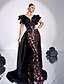 abordables NEGRO-Vestidos de noche A-Line vestido elegante boda formal cola barrida sin mangas escote en V de lentejuelas florales con volantes