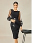 baratos vestido midi preto-Mulheres Comprimento do chá Vestido preto Vestido de renda Elegante Natal Festa Tecido Manga Longa Gola Redonda Preto Primavera Outono Inverno