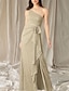 billiga Golvlängd-A-linje Brudmodersklänning Bröllopsgäst Elegant Hög Slits En Axels Golvlängd Stretch Chiffon Ärmlös med Volanger Slits Fram Rynkning