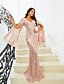 tanie różowy-Suknie Quinceanera w Stylu Mermaid  Trumpet Elegancka Suknia Formalna na Wesele Długość Do Podłogi Długie Rękawy dekolt w Szpic z Cekinem