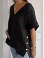 abordables Chemises-Chemisier en coton et lin pour femme, couleur unie, élégant, décontracté, manches courtes, col en V, régulier, quotidien, vacances, boutons, noir, blanc, marron, été