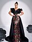 abordables NEGRO-Vestidos de noche A-Line vestido elegante boda formal cola barrida sin mangas escote en V de lentejuelas florales con volantes
