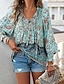 cheap Boho Tops-Women&#039;s Shirt Boho Shirt Summer Tops Flower Daily Stylish Casual Long Sleeve V Neck Regular Tops Work Daily Holiday Print Pink Navy Blue Blue Spring Fall