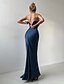 baratos AZUL-Vestido 2 em 1 Vestido Capa Sereia  Trompete Vestido de Gala Elegante Vestido Formal Semi-Formal Casamento Comprimento de Chão Sem Mangas Decote em V Cetim Costas Descobertas com Laço(s) Pregas Fenda