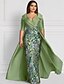 billige GRØN-Grøn broderet blomster A-Line aften kjole elegant kjole formel bryllup gulvlængde halv ærme skjorte krave satin med split appliques