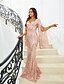 tanie różowy-Suknie Quinceanera w Stylu Mermaid  Trumpet Elegancka Suknia Formalna na Wesele Długość Do Podłogi Długie Rękawy dekolt w Szpic z Cekinem