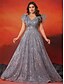 Χαμηλού Κόστους Σαμπάνια-Φόρεμα A-Line plus size κομψό φόρεμα επίσημο γάμο μήκους δαπέδου χωρίς μανίκια V ντεκολτέ δαντέλα με παγιέτες