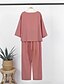 voordelige Stelt in-Dames Actief Basic Katoenen linnen overhemden Blouse Broeken Sets Lange mouw Strakke ronde hals Effen Kleur Buiten Uitgaan Blozend Roze Leger Groen Beige Zomer Normale pasvorm