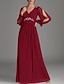 economico Lunghezza del pavimento-Abito a-line per madre della sposa elegante per invitata a matrimonio scollo a V a lunghezza totale in chiffon maniche lunghe con applicazioni di perline e arricciature