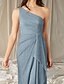 billiga Golvlängd-A-linje Brudmodersklänning Bröllopsgäst Elegant Hög Slits En Axels Golvlängd Stretch Chiffon Ärmlös med Volanger Slits Fram Rynkning