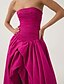 baratos Vestidos de Noite-Vestido de Noite A-Line Rosa Choque Vestido Bubble Formal Semi Formal Casamento Comprimento do Chão Sem Mangas Sem Alças Tafetá com Fenda Franzida