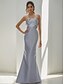 preiswerte Meerjungfrau Abendkleider-Schwarzes Meerjungfrau  Trompeten Abendkleid Elegantes Kleid Formal Hochzeit Bodenlänge Kurzarm Spaghetti-Träger Gürtel Satin mit Rüschen Schultertuch