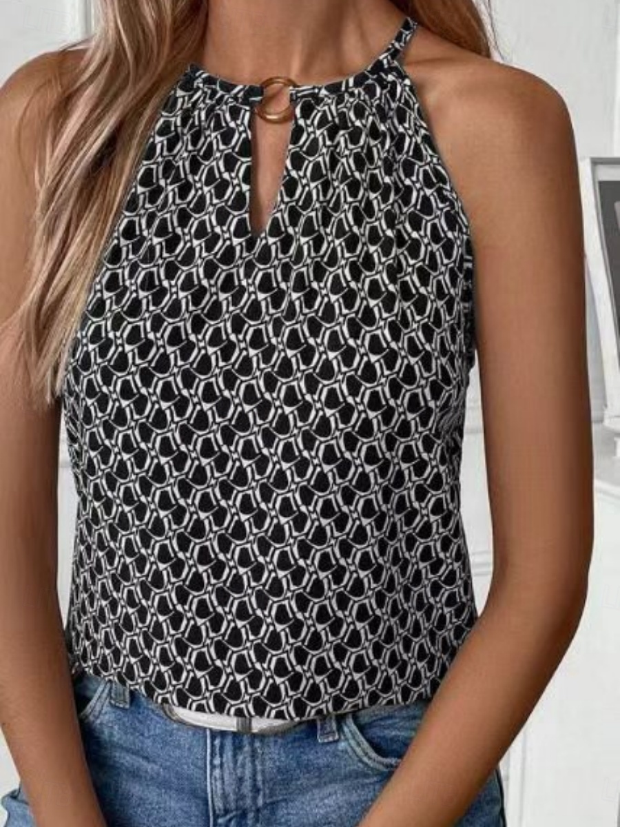 economico Top in tessuto a righe e geometrico-Per donna Canotta a canotta Geometrico Quotidiano Casual Senza Maniche Girocollo Top Regolari Quotidiano Stampato Nero Blu Reale Marrone Estate
