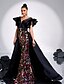 abordables NEGRO-Vestidos de noche A-Line vestido elegante boda formal cola barrida sin mangas escote en V de lentejuelas florales con volantes