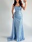 abordables AZUL-Vestido de Noche Sirena/Trumpet Azulado Brillante Vestido Elegante Formal Boda Largo hasta el Suelo Sin Mangas Corazón Encaje con Pliegues Abertura Arrugada